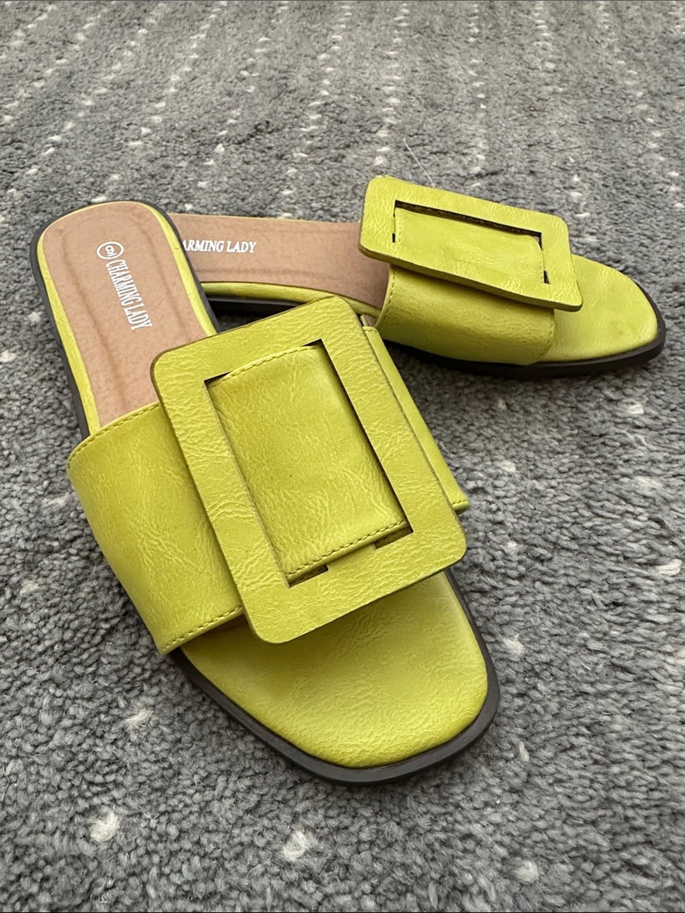 Size 9 Charming Lady Lime Green Buckle Slide Sandals Neon Yellow Flat Slides